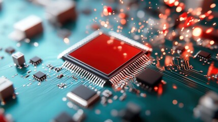 A highly detailed microchip on a circuit board with glowing sparks of electricity, showcasing a dramatic representation of technological innovation and energy.