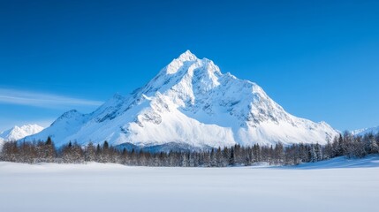 Wall Mural - Towering snow-capped peaks with soft morning light over a frozen forest below, with clear blue sky overhead 