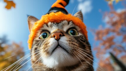 A delightful cat looks up with expressive eyes, wearing a witch hat in vivid orange and black, set against a bright autumn sky filled with floating leaves.