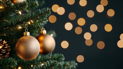 Wall Mural - Traditional Christmas tree with glittering baubles and lights, softly blurred background creating a festive glow 