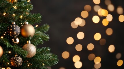 Wall Mural - Traditional Christmas tree with glittering baubles and lights, softly blurred background creating a festive glow 