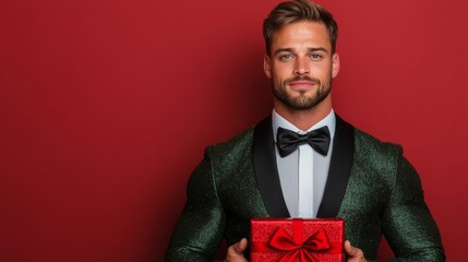 Poster - Trendy man in a Christmas-themed suit holding a gift box on a deep red-to-gold gradient background 