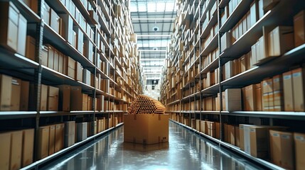 Aufkleber - Modern warehouse. shelves full of toner cartridges. in the middle of a hallway a box full of gold.