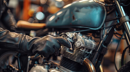 Leinwandbilder - A mechanic inspecting a motorcycle engine with tools in hand emphasizing maintenance check.