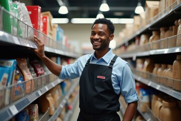 Young smiling man is a uniformed salesman in a supermarket next to shelves with goods