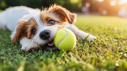 A delightful puppy playfully chewing on a tennis ball, lying on vibrant green grass under the bright sun, evoking a sense of joy and playful energy.