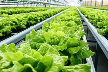 Rows of fresh green lettuce being cultivated in an indoor hydroponic farming system, highlighting modern agricultural technology and efficient vegetable production.