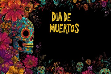 Sugar skull with bright flowers on the left side of a black background and the words dia de muerto written in yellow bold letters Design element for flyer cover invitation magazine print social media 