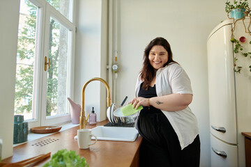 A joyful woman washes vegetables at her charming kitchen sink.