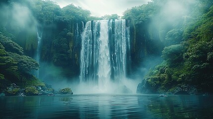 Poster - Majestic waterfall surrounded by lush greenery, mist rising from the water.