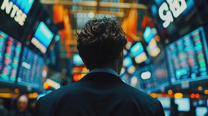 Sticker - Stock exchange screens showing market fluctuations and trades as an investor walks through the trading floor.