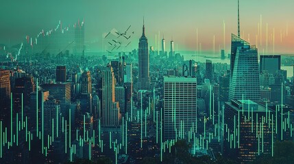 A futuristic skyline with digital elements and green tones, depicting a vibrant cityscape at dusk.