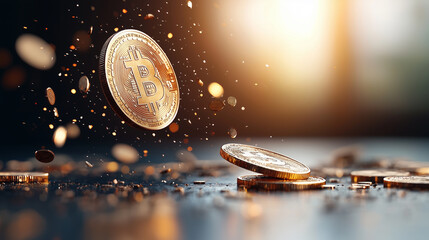 Poster - stunning image of gold coins and Bitcoin floating in air, creating sense of wealth and prosperity. warm light adds magical touch to scene, enhancing allure of coins