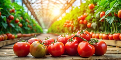 Wall Mural - Sun-kissed Tomatoes Resting On Wooden Plank in a Greenhouse With Rows of Ripe Tomatoes Growing Behind