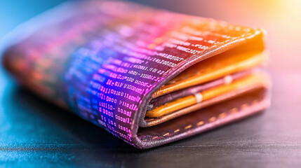 Digital wallet made of binary code, symbolizing modern finance and technology. This abstract representation showcases fusion of digital and physical currency