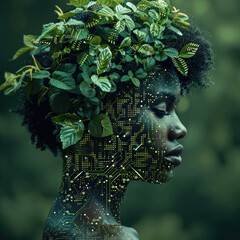 A person with an afro hairstyle, but the hair is made of lush, green leaves with circuitry patterns.