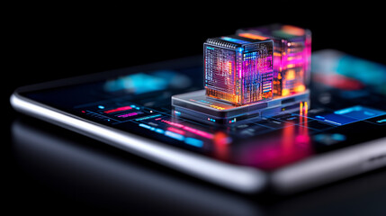 Poster - futuristic digital interface showcasing multiple glowing data servers on tablet, representing advanced technology and innovation. vibrant colors and intricate designs evoke sense of modernity and