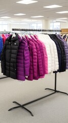 A rack holds a variety of winter jackets, from puffy designs to sleek silhouettes, all showcased in an urban retail store under soft lighting, emphasizing their style and texture