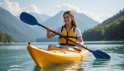 Young woman kayaking on a lake with mountains in the background, sunny day.