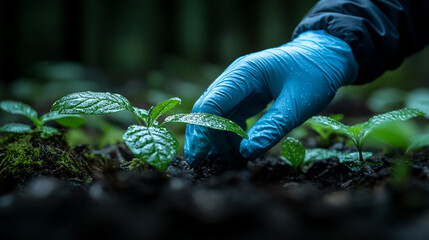 Canvas Print - scientist's gloved hand gently touches vibrant moss and a tree trunk, symbolizing the connection between research and nature, highlighting the importance of environmental conservation