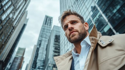 A confident man with a beard wears a stylish coat, standing in a busy cityscape surrounded by high-rise buildings, epitomizing modern urban vigor and resilience.