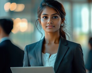 Portrait of a young confident Indian businesswoman in an office holding a laptop