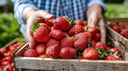 A close-up image of hands holding a pile of fresh, ripe strawberries in a rustic wooden crate, capturing the vibrant red color and lush greenery of the strawberries.