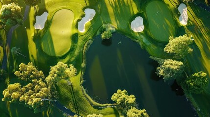 Sticker - Aerial View of a Golf Course with a Pond and Trees