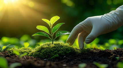 Canvas Print - scientist's gloved hand gently touches vibrant moss and a tree trunk, symbolizing the connection between research and nature, highlighting the importance of environmental conservation