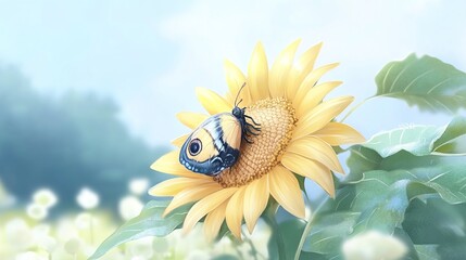 Wall Mural - A Delicate Butterfly on a Sunflower in a Field