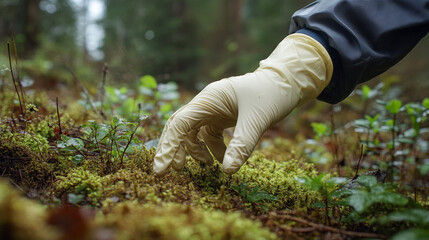 Canvas Print - scientist's gloved hand gently touches vibrant moss and a tree trunk, symbolizing the connection between research and nature, highlighting the importance of environmental conservation