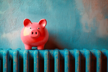 A piggy bank standing on a radiator against painted stucco wall background.