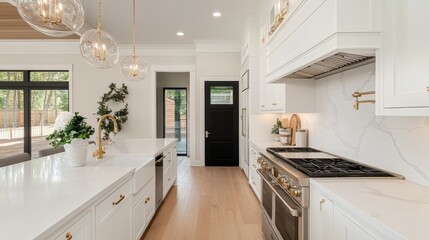 This chic kitchen embodies elegance with its modern design, white cabinetry, and gold accents. The spacious area is highlighted by luxurious lighting and lavish surfaces.