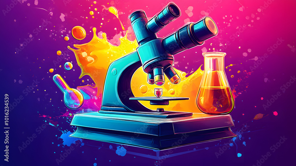 Illustration of a vibrant cartoon laboratory microscope icon in a comic ...