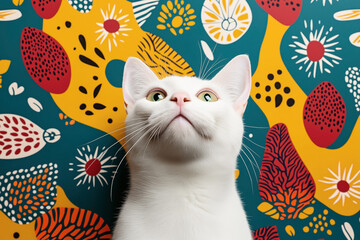 Canvas Print - A white cat with green eyes looks upwards against a colorful, abstract background featuring bold patterns and shapes in yellow, teal, red, and white.