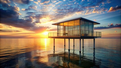 Modern minimalist glass house on stilts overlooking tranquil golden sunset over calm ocean from high angle