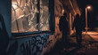 © Niams Haus - Urban Night Scene, Broken Window and Graffiti Wall in Dark Alleyway, Symbolizing Inner-City Turmoil and Gang Violence.