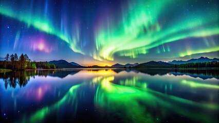 macro serene night landscape with aurora borealis and lake reflection