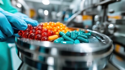 An assortment of colorful pills and capsules rests on a shiny metal tray handled by gloved hands, suggesting a modern, sterile pharmaceutical environment.