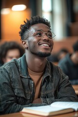 a happy young man in casual attire sitting confidently with a warm smile in an indoor setting