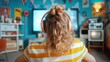 © familymedia - A young girl with curly hair listens to headphones and watches television, in a colorful and cozy room, highlighting a moment of leisure and relaxation at home.