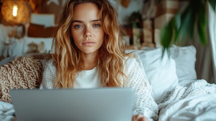 A woman with wavy hair dressed in casual attire works on a laptop while lounging in bed, set in a comforting bedroom filled with soft textiles and natural light.