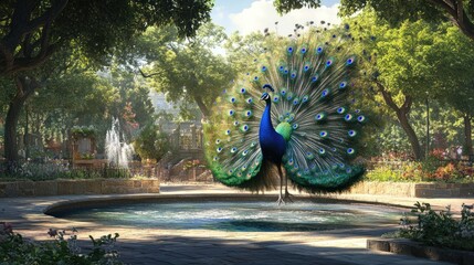 Wall Mural - Peacock Displaying its Feathers in a Tranquil Garden