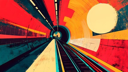 Poster - Abstract Train Tunnel with Colorful Stripes and Circle