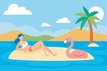  A woman in a white swimsuit sunbathes on a small island with palm trees, a pink flamingo float nearby. The tropical setting exudes tranquility.