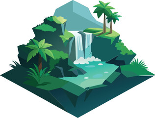 Wall Mural - lush rainforest with waterfall vector simple 3d isolated illustration 