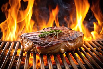 Grilling a juicy steak on flames of a barbecue, cooking