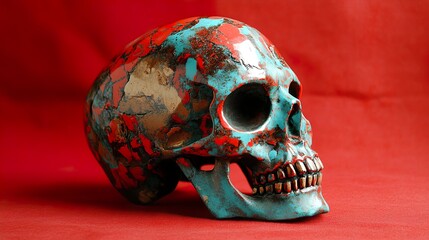 Sticker - Painted Human Skull on Red Background: A Study in Mortality