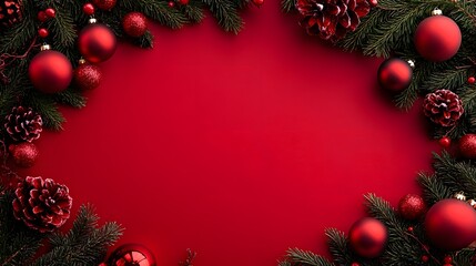 Red Christmas Ornaments and Pine Branches Bordering a Red Background