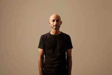 Man in black t-shirt and pants stands against beige background. Serious expression, casual pose, hands in pockets. Focus on man, attire, and simplicity of image.